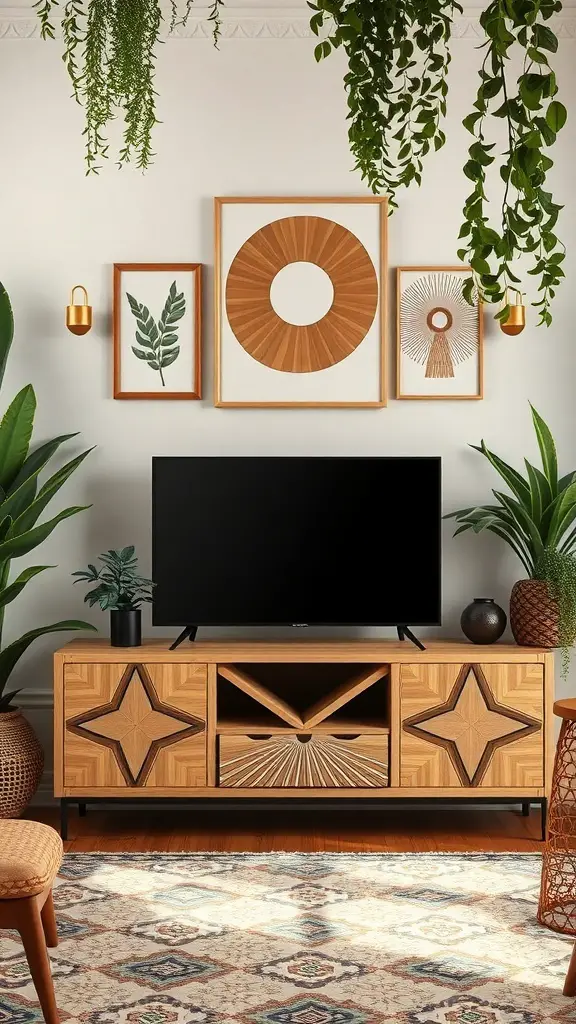 29+ Stunning Boho TV Stands for Your Living Room Makeover 5 A stylish living room featuring a geometric patterned TV stand, wall art, and plants.
