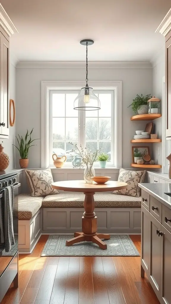 23+ Stunning U-Shaped Kitchen Layout Ideas 3 Cozy dining nook with a bench, round table, and natural light