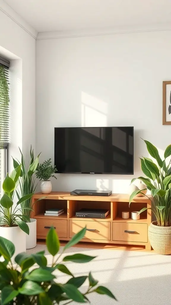 A stylish corner TV unit with a mounted TV and plants around it