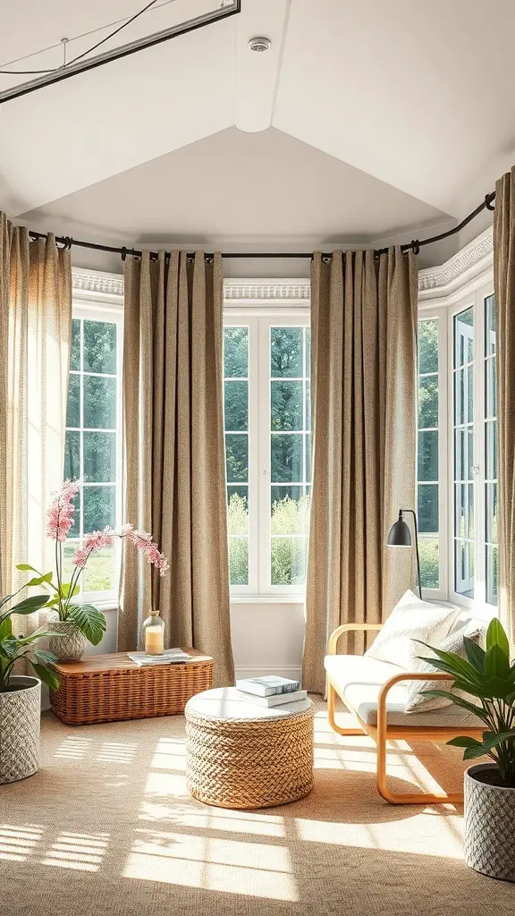 29+ Stunning Sunroom Curtain Ideas to Brighten Your Space 16 A sunroom with earthy-toned curtains, plants, and natural light.