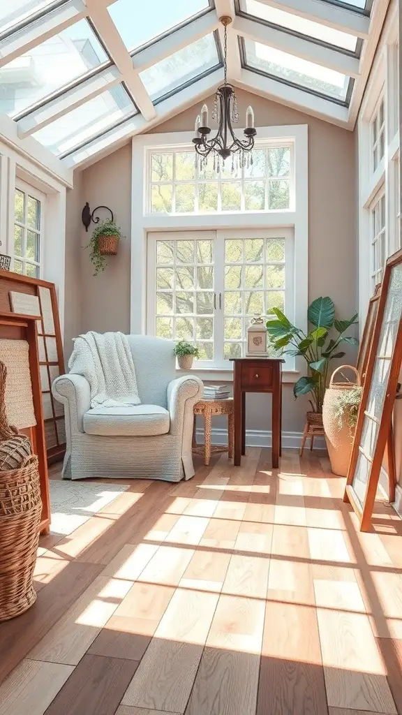 A bright sunroom with large windows, featuring a mix of light and dark wood flooring, a cozy chair, and plants.