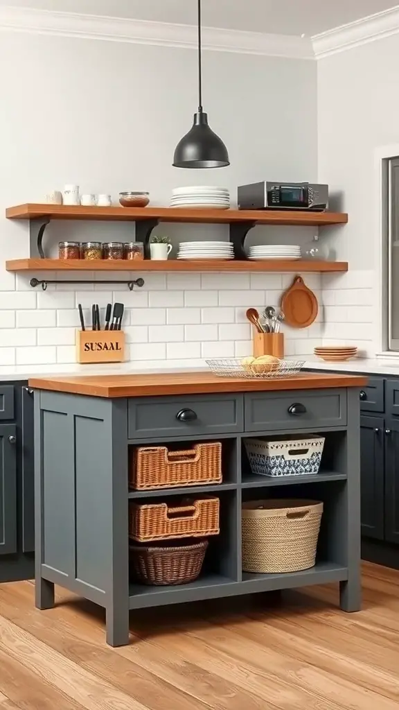 Small kitchen island with storage options including drawers and baskets.