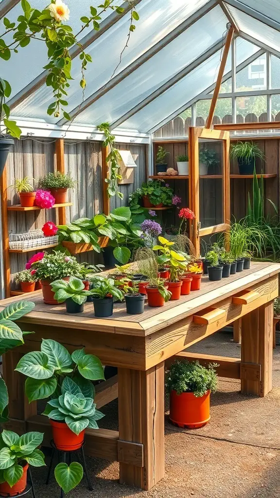 29+ Creative DIY Greenhouse Table Ideas for Your Garden 10 A greenhouse interior featuring a wooden table surrounded by various potted plants.