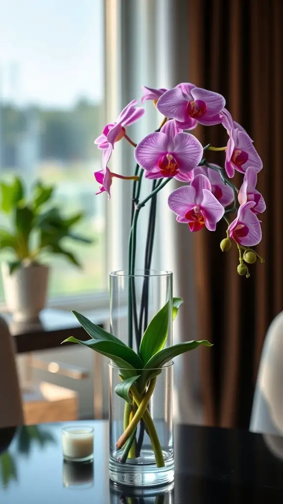 A tall arrangement of pink orchids in a clear glass vase on a table.