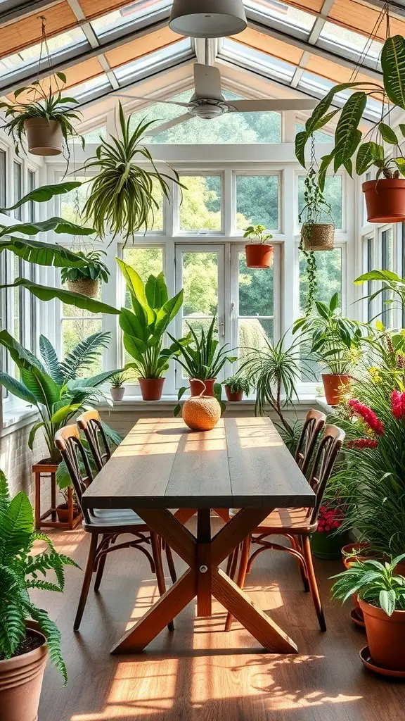 A sunroom dining area filled with various indoor plants, featuring a wooden table and chairs.