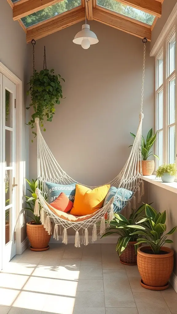 A cozy sunroom featuring a hammock with colorful cushions and potted plants.