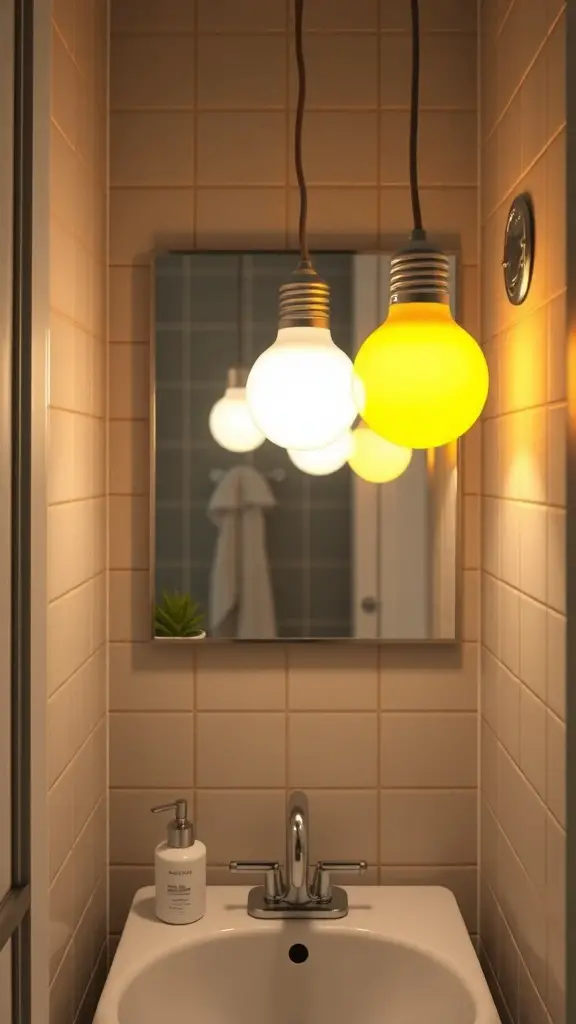Three different light bulbs in a bathroom setting, showcasing warm and cool color temperatures.