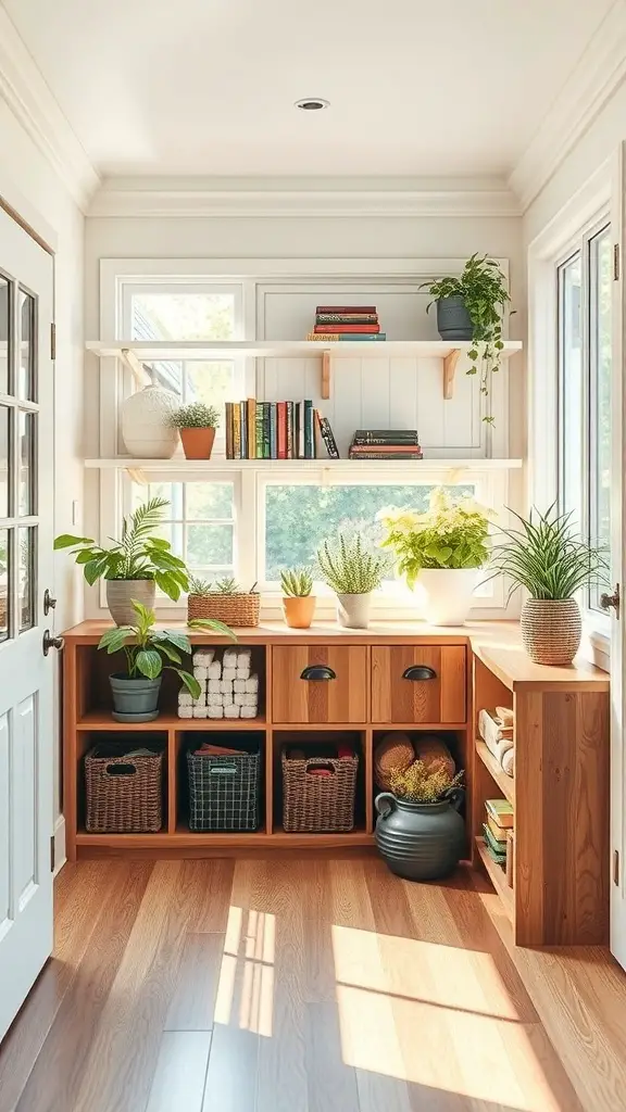 27+ Charming Small Sunroom Ideas to Brighten Your Home 11 A bright sunroom featuring functional storage solutions with shelves, plants, and a wooden storage unit.