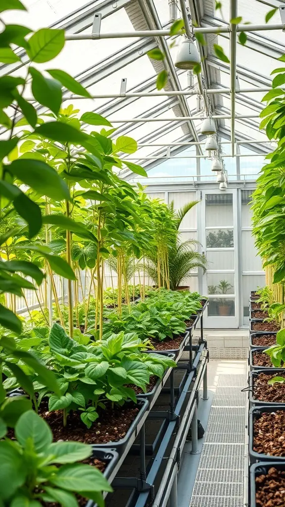 Interior of a greenhouse showcasing hydroponic systems with lush green plants growing in elevated trays.