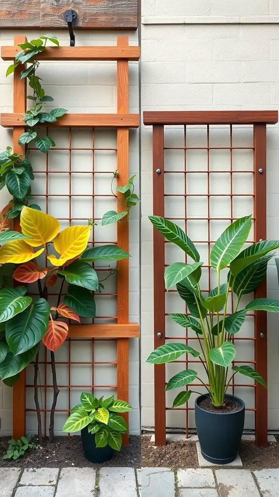 Two different styles of trellises for Monstera plants, one rustic and one modern.