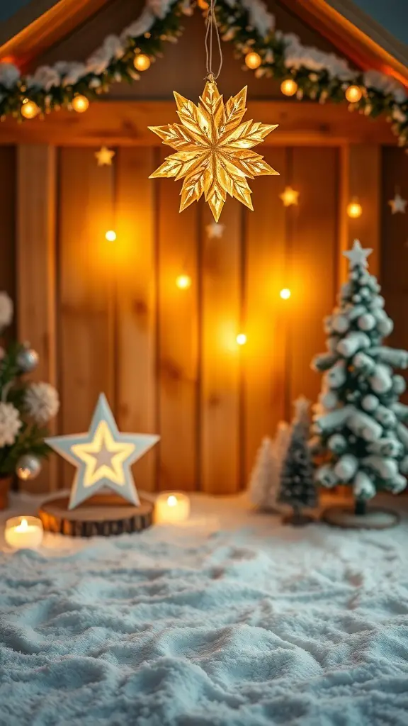 A glowing star lantern hangs in a cozy winter setting with a wooden backdrop, candles, and a small decorated tree.