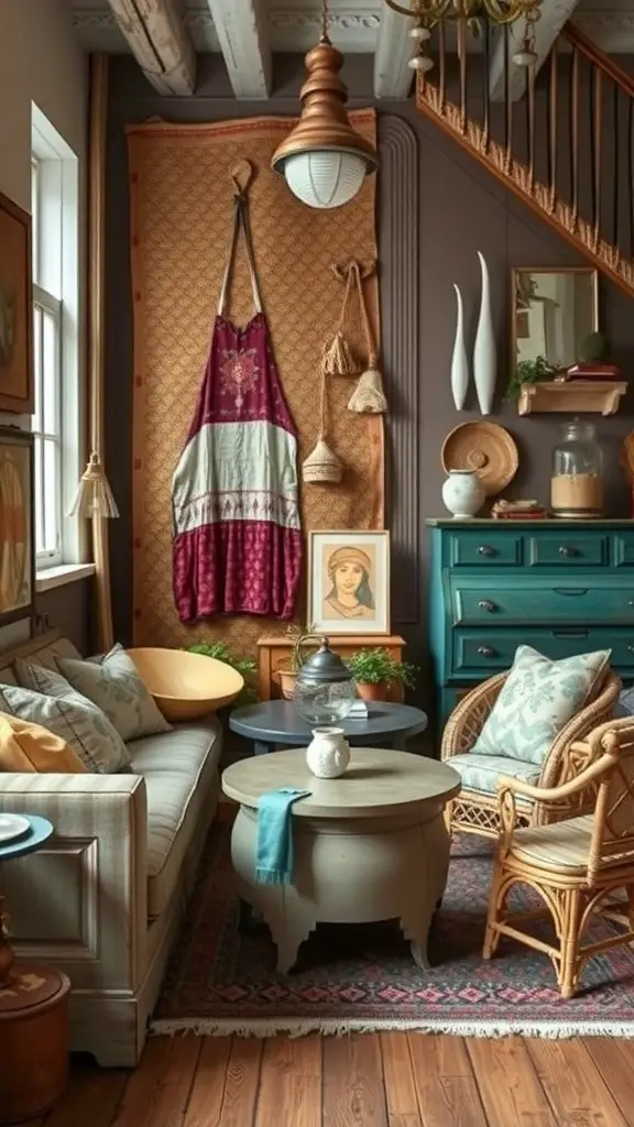 A cozy bohemian living room with layered textures, featuring a sofa, rattan chairs, and decorative elements.