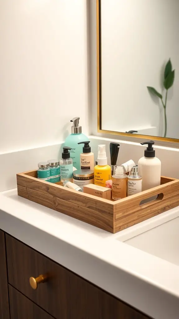 A wooden tray with various skincare and beauty products arranged on a bathroom counter.