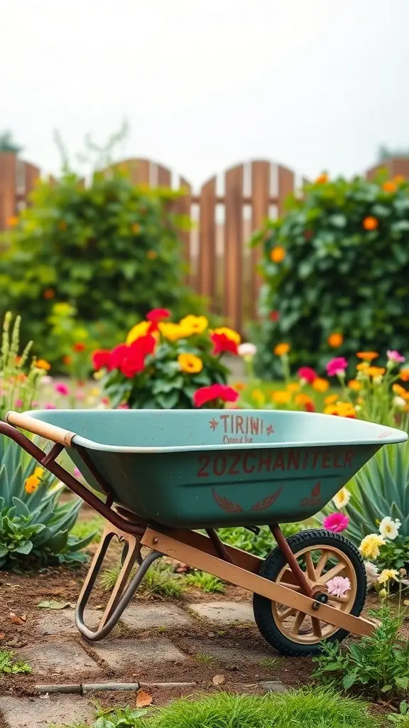 A green wheelbarrow on a wooden stand surrounded by colorful flowers in a garden.