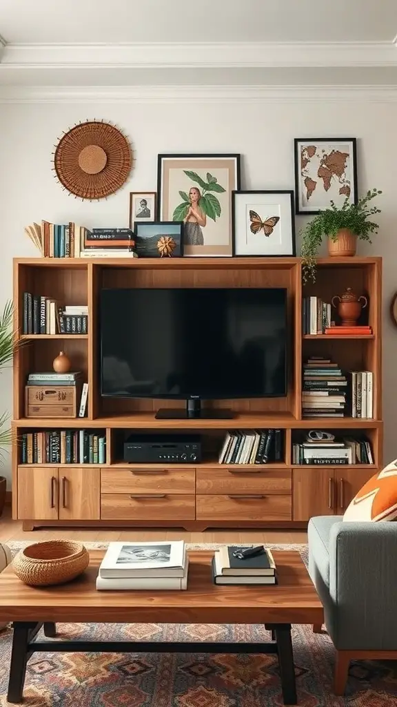 29+ Stunning Boho-Inspired Entertainment Centers to Transform Your Space 13 A stylish wooden entertainment center with books, framed art, and a TV, creating a cozy living space.