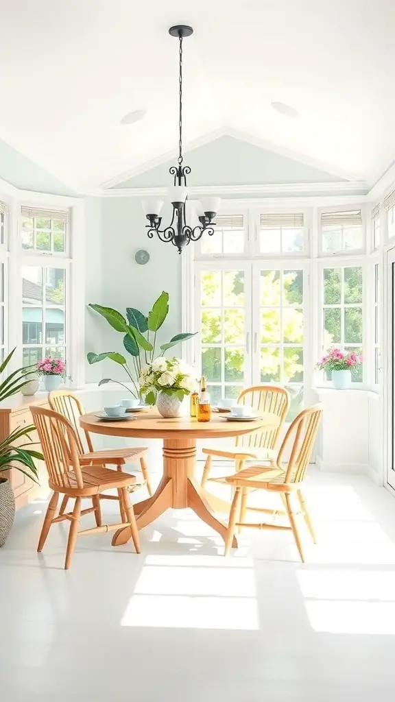 A bright sunroom dining area with a round wooden table, light blue walls, and large windows.