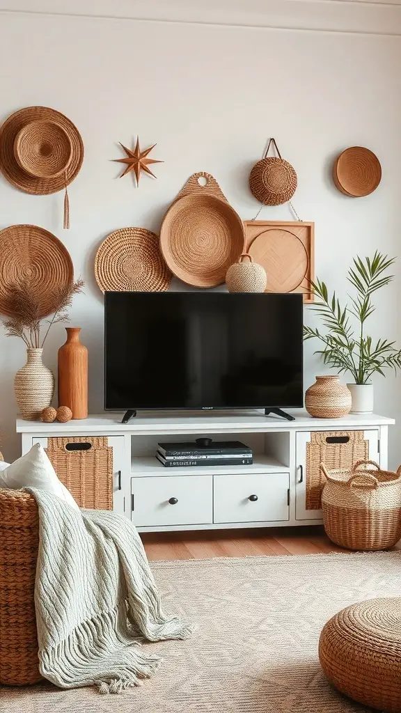 29+ Stunning Boho-Inspired Entertainment Centers to Transform Your Space 5 A boho entertainment center featuring woven baskets, ceramics, and plants.