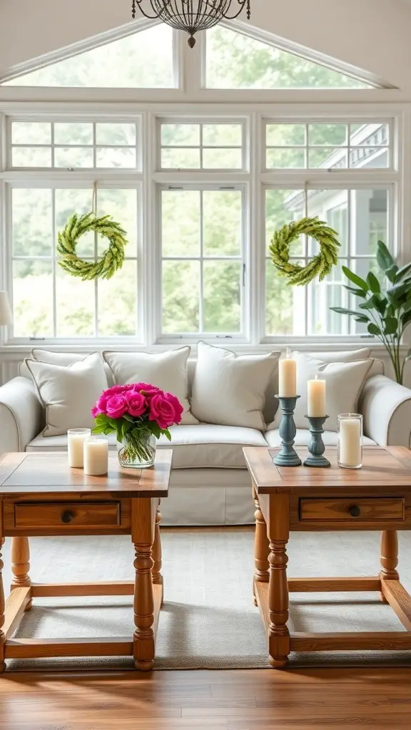 25+ Stylish Sunroom Furniture Ideas for a Cozy Retreat 16 Rustic farmhouse style side tables in a sunroom with flowers and candles.