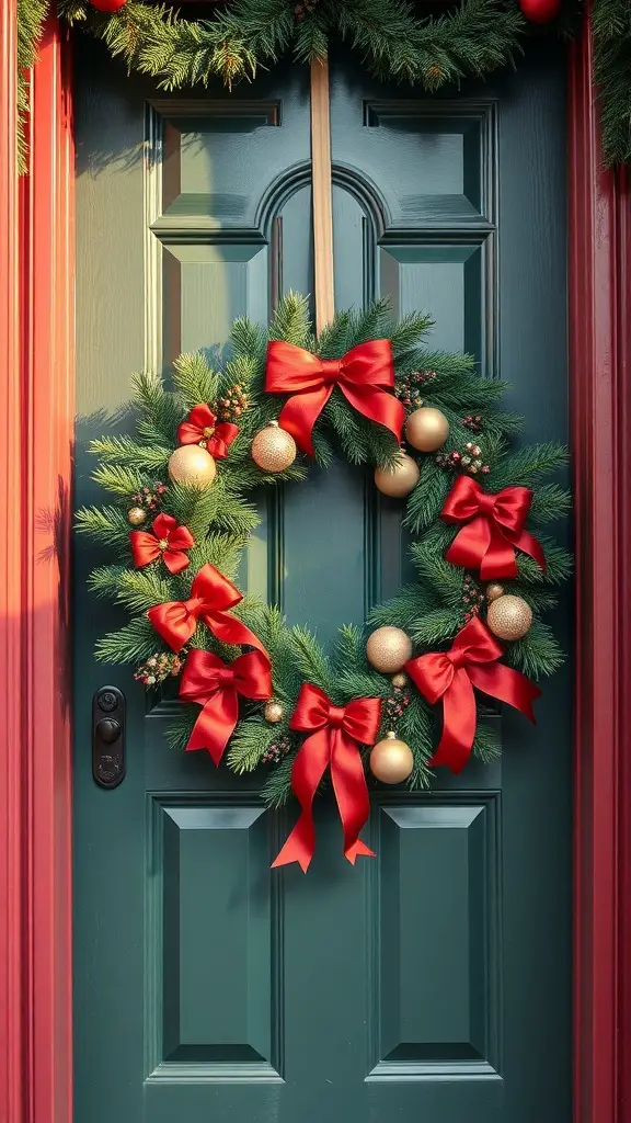 A traditional Christmas wreath with red bows and gold ornaments on a green door.