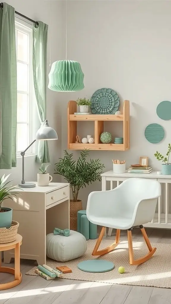 A beautifully decorated sage green nursery with a cozy chair, plants, and soft textiles.