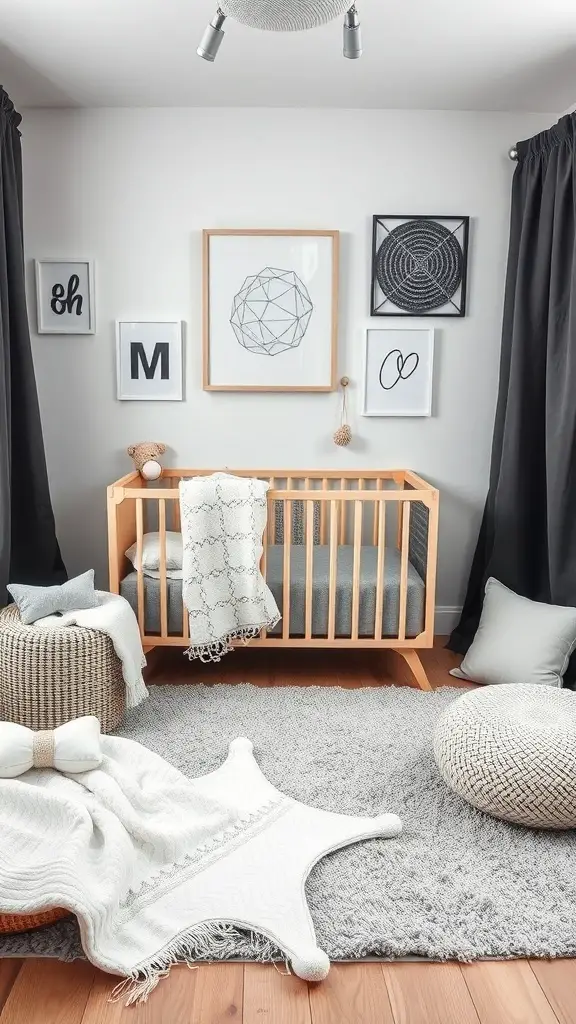27+ Adorable Neutral Baby Room Ideas to Inspire Your Nursery Design 4 Neutral baby room with a wooden crib, gray rug, and textured decor.
