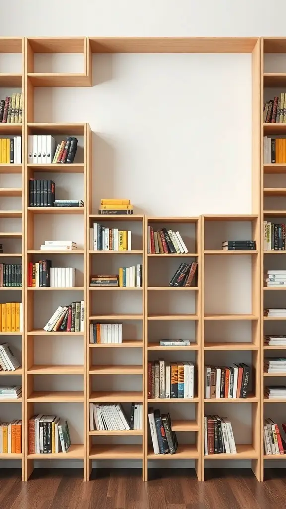 23+ Creative DIY Bookshelf Ideas 2 A modern adjustable modular bookshelf with various shelf heights and widths, filled with books.