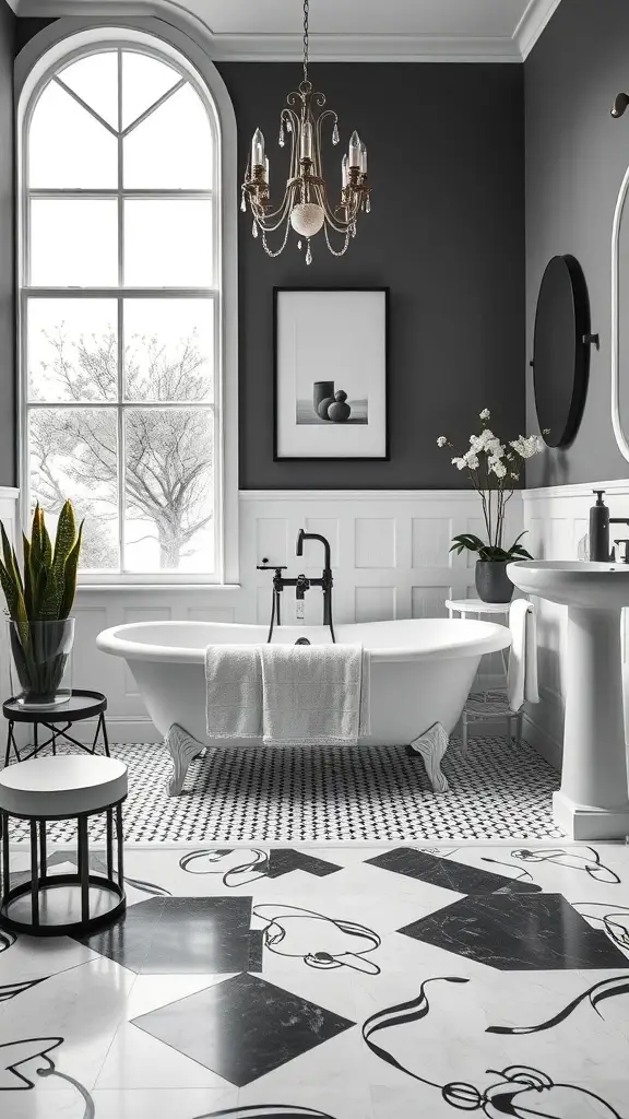 23+ Stunning Black and White Bathroom Ideas You'll Love 4 Chic black and white bathroom featuring a freestanding bathtub, elegant chandelier, and stylish decor.