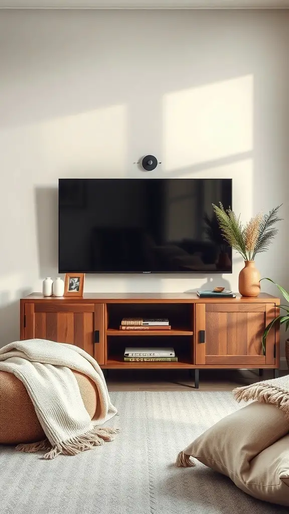Cozy living room with a TV stand, soft pillows, and a warm throw blanket.