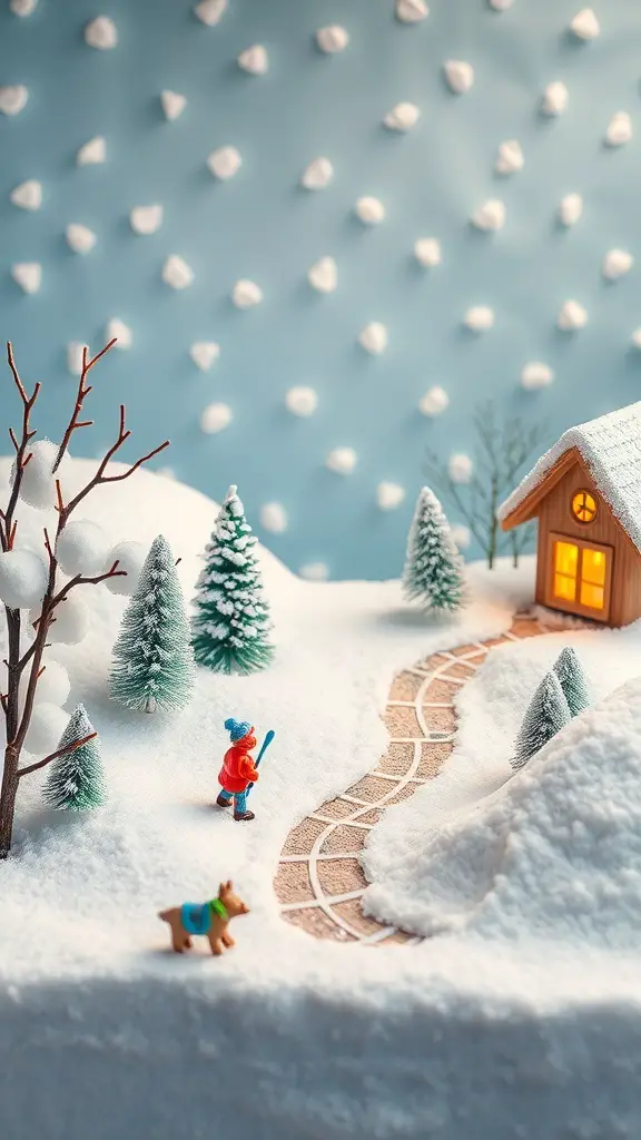 27+ Creative Winter Crafts Preschoolers Ideas 7 A charming winter diorama featuring a snowy landscape with miniature trees, a cozy cabin, and playful figures.