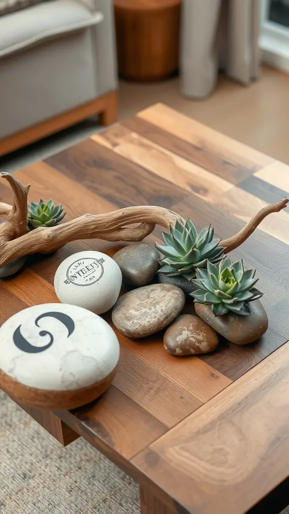 A coffee table decorated with succulents, smooth stones, and driftwood.