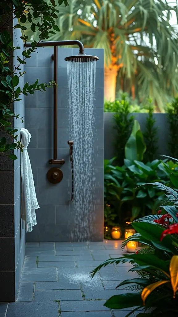 23+ Creative Garden Shower Ideas 10 Luxurious outdoor shower surrounded by greenery and soft lighting