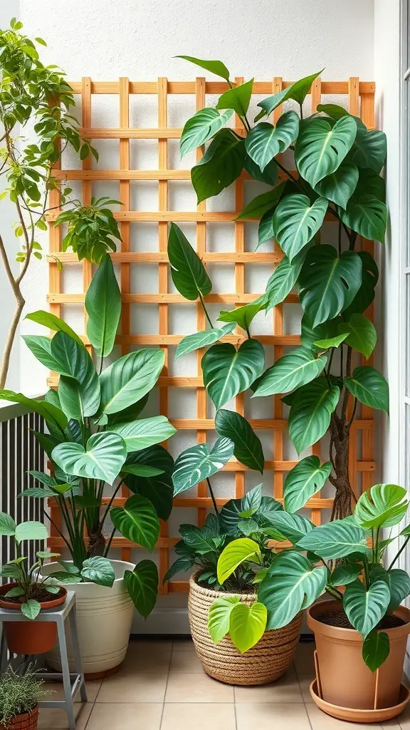 A wooden trellis with various Monstera plants growing around it in a small indoor space.