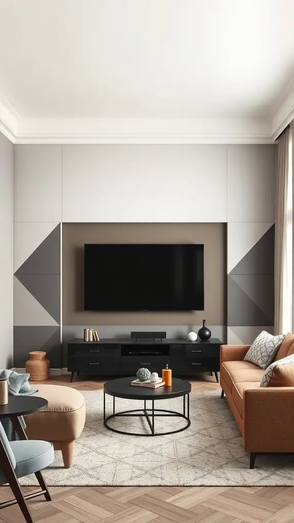 25+ Creative TV Wall Paneling Ideas for a Stylish Living Room 5 Living room with a bold geometric TV wall panel design.