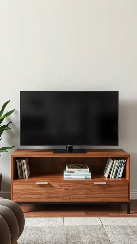 27+ Creative TV Stand Decor Ideas 2 A stylish TV stand with books and magazines arranged neatly.