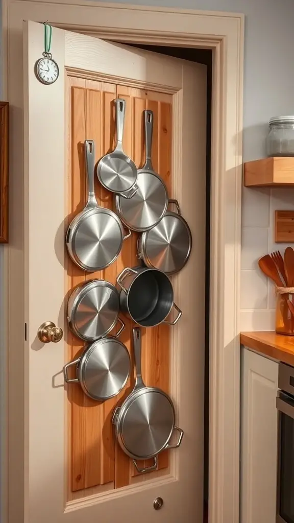 15 Must-Have Kitchen Gadgets for Ultimate Organization 8 Over-the-door pot lid storage with various pots and pans hanging on a wooden door.