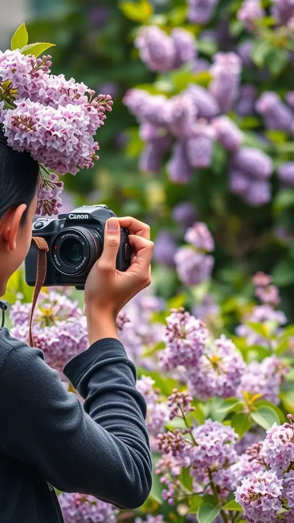 A person photographing lilac flowers in a garden