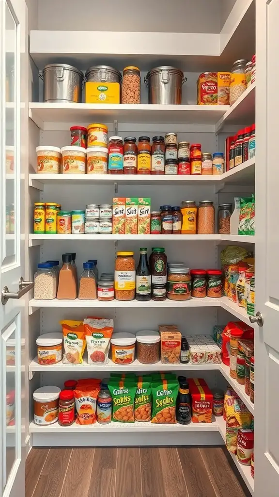 Organized pantry with tiered shelves displaying various food items and containers.