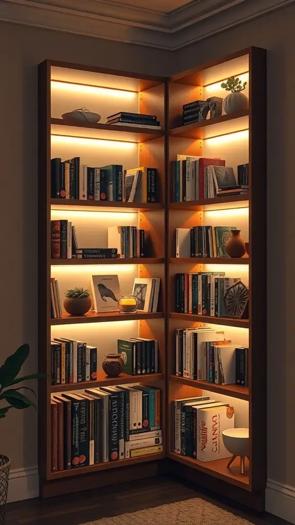 A corner bookshelf with integrated lighting, showcasing books and decorative items.