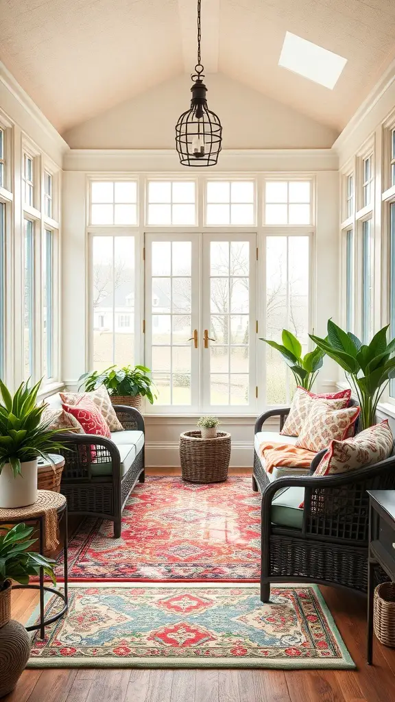 23+ Inspiring Three Season Porch Ideas to Transform Your Space 10 Bright sunroom with colorful textiles, large windows, and potted plants.