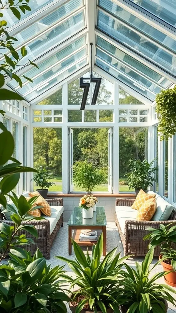 29+ Stunning Attached Greenhouse Sunroom Ideas for Your Home 7 A bright and inviting greenhouse sunroom with wicker furniture, colorful cushions, and various plants.