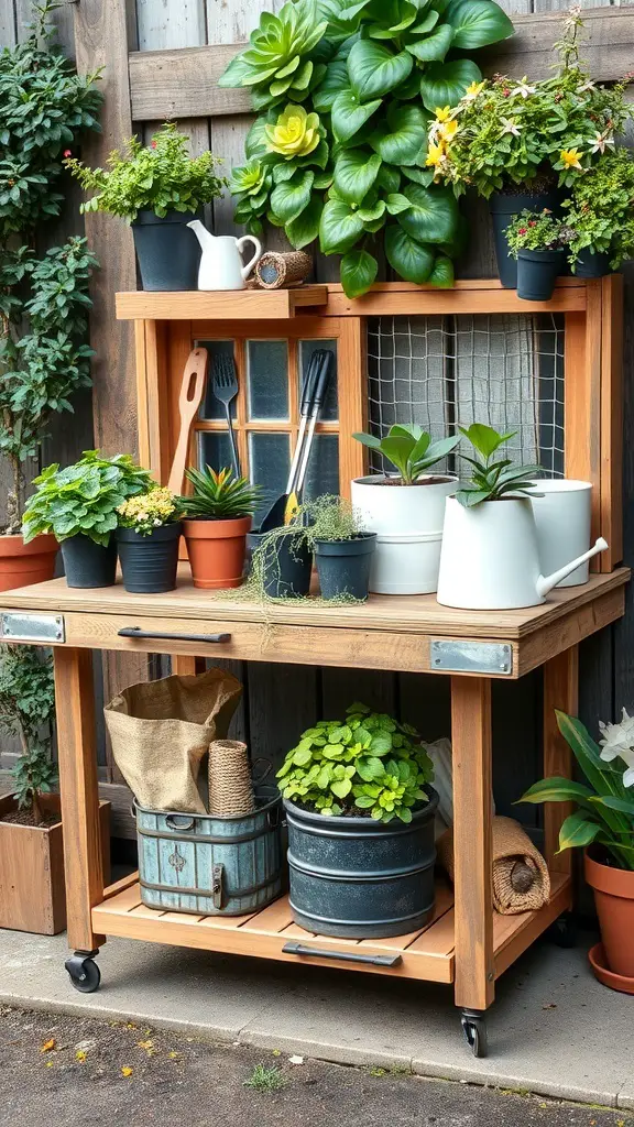 A DIY potting table made from reclaimed wood, featuring plants, pots, and gardening tools.