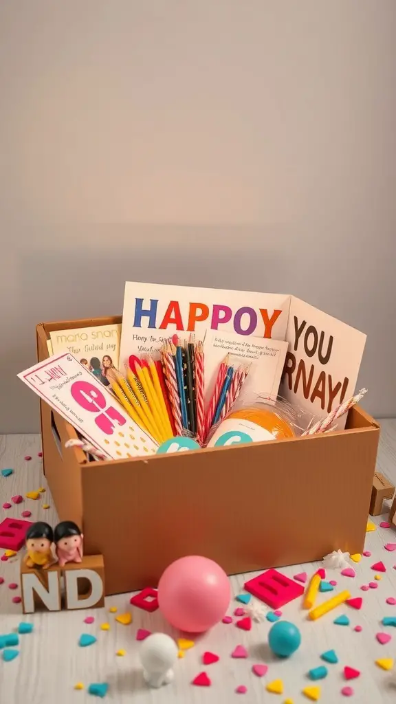 23+ Unique Memory Box Ideas s 2 A colorful memory box filled with celebration items like cards, decorations, and toys.