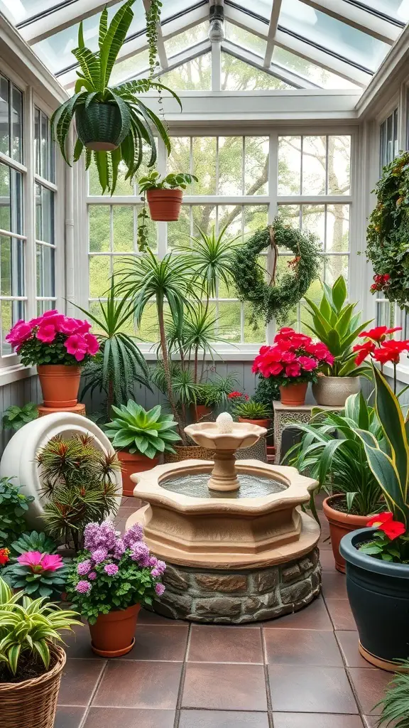27+ Enclosed Sunroom Ideas to Brighten Your Home 9 A sunroom filled with various plants, flowers, and a small fountain.