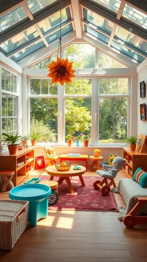 29+ Creative Sunroom Decorating Ideas You’ll Love 14 A bright and cheerful sunroom play area for kids with colorful furniture and toys.