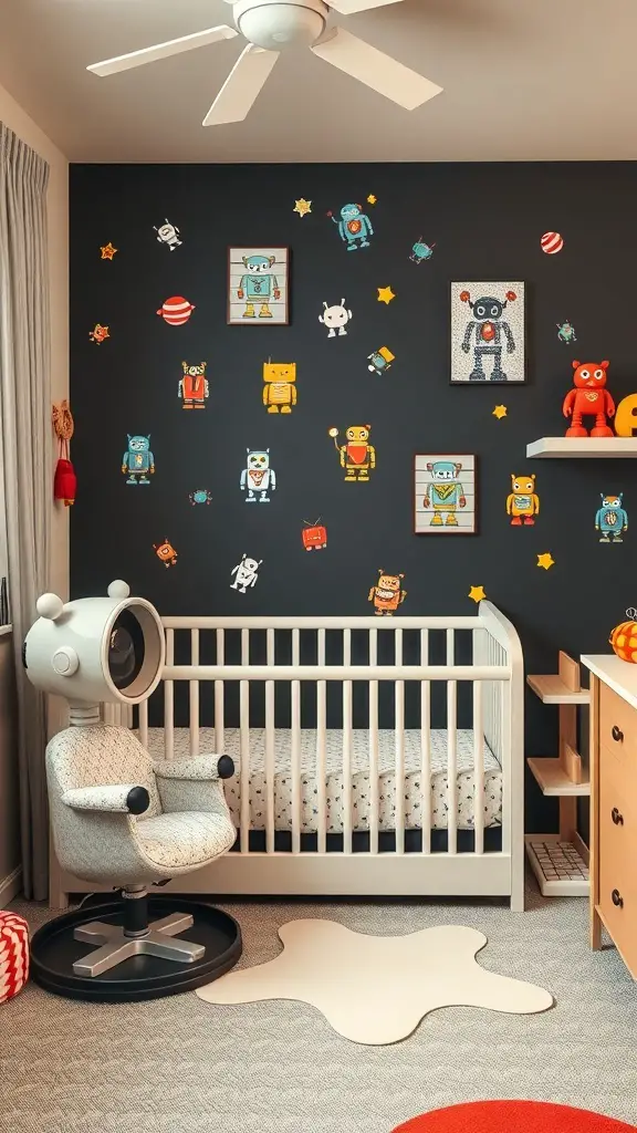 A robot-themed nursery with colorful robot decals on dark walls, a modern crib, and a unique chair.
