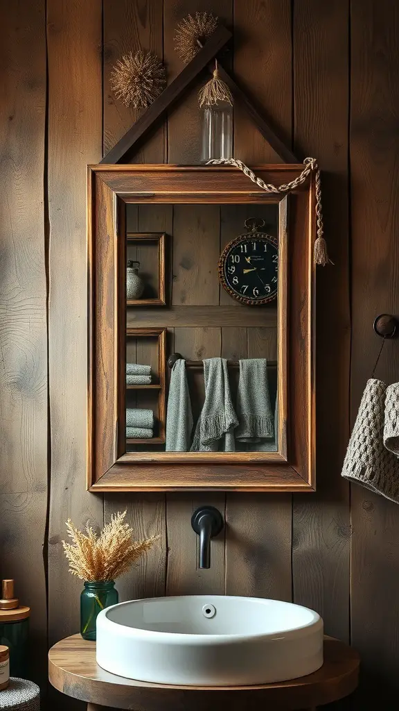 25+ Creative Bathroom Mirror Ideas to Elevate Your Space 7 A rustic framed mirror in a bathroom with wooden walls and decorative elements.