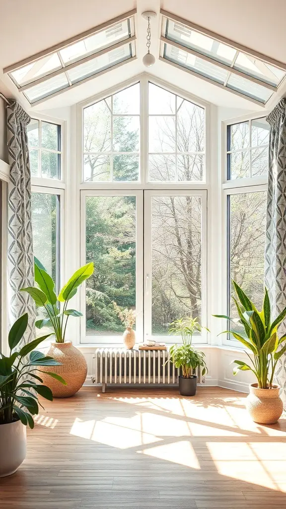 29+ Stunning Sunroom Curtain Ideas to Brighten Your Space 11 A bright sunroom with large windows, featuring geometric print curtains and potted plants.
