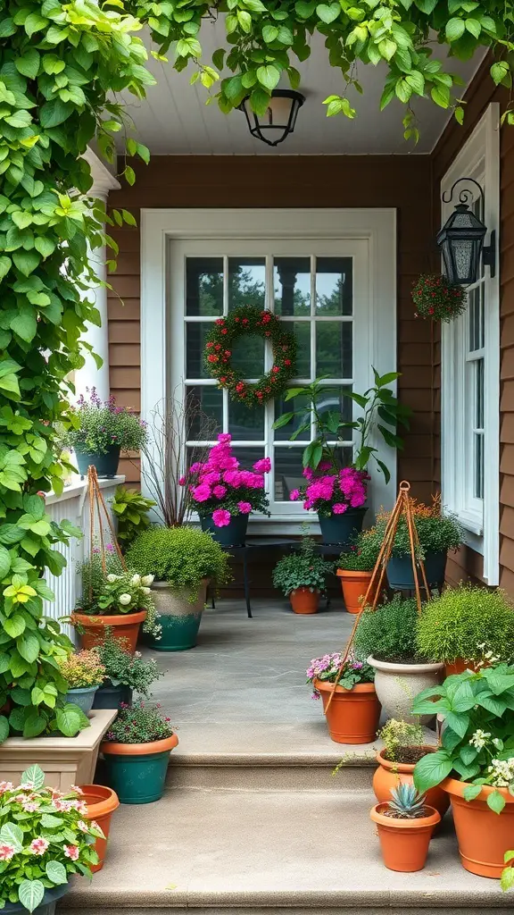 23+ Inspiring Three Season Porch Ideas to Transform Your Space 7 A cozy porch adorned with colorful potted plants and greenery, creating a welcoming atmosphere.