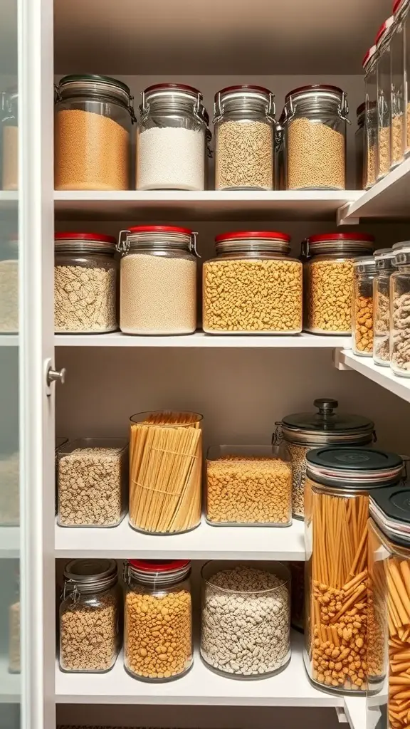 A well-organized pantry with clear containers holding various dry goods.