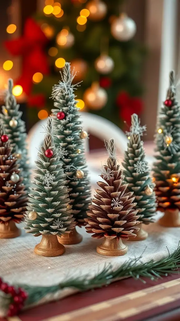 27+ Creative Winter Crafts Preschoolers Ideas 2 A collection of decorated pinecone Christmas trees on a table with a festive background.